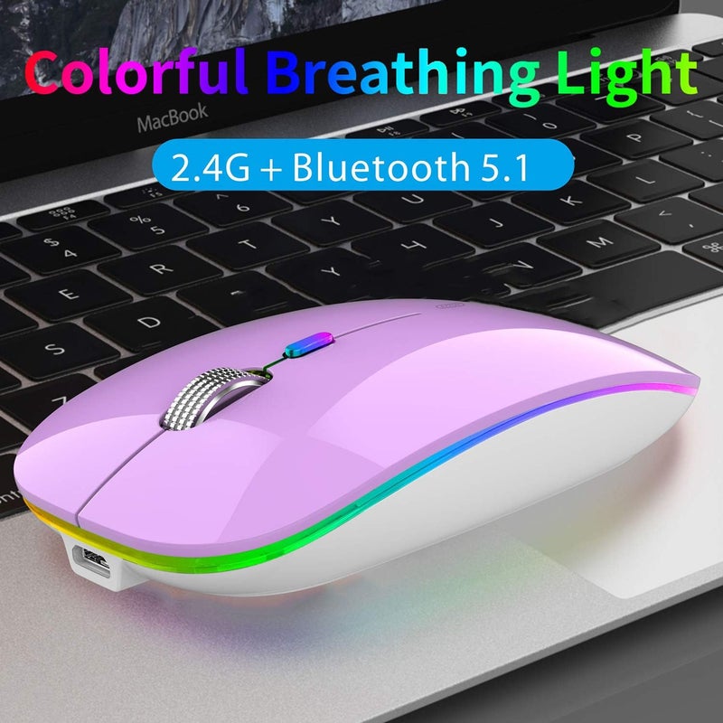 TENMOS Wireless Bluetooth Mouse, LED Slim (Bluetooth 5.1 + USB) 2.4GHz Rechargeable Silent Bluetooth Wireless Mouse with Type C Adapter for Laptop/MacBook/iPad OS 13 and Above (Purple) - Image 2