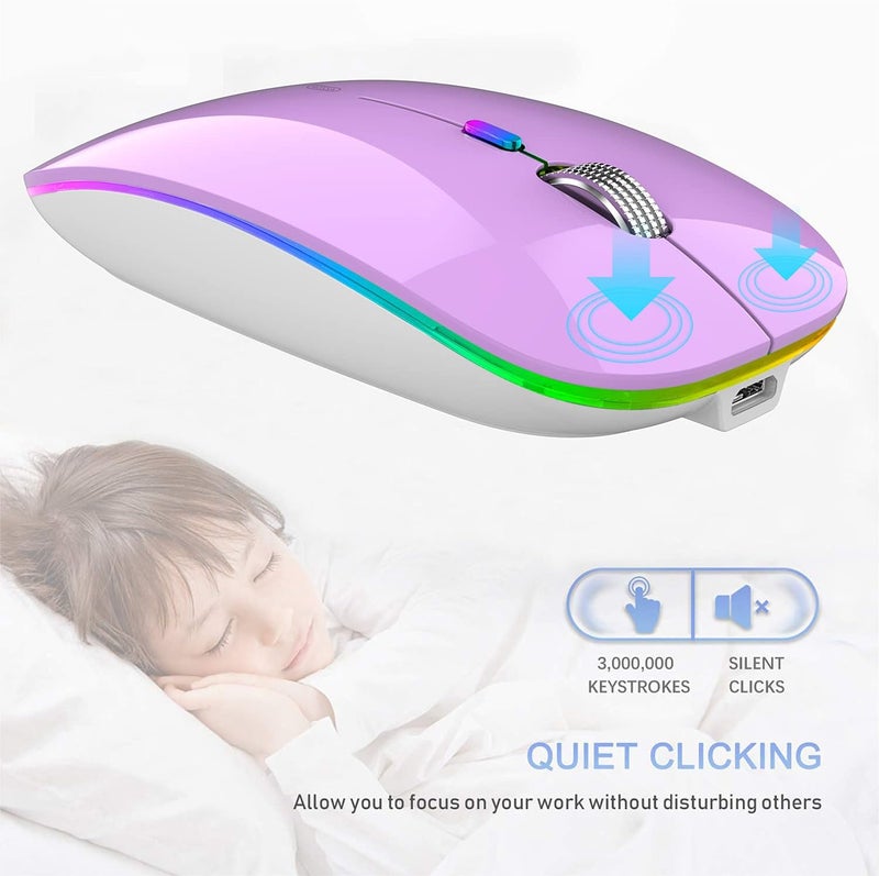 TENMOS Wireless Bluetooth Mouse, LED Slim (Bluetooth 5.1 + USB) 2.4GHz Rechargeable Silent Bluetooth Wireless Mouse with Type C Adapter for Laptop/MacBook/iPad OS 13 and Above (Purple) - Image 4