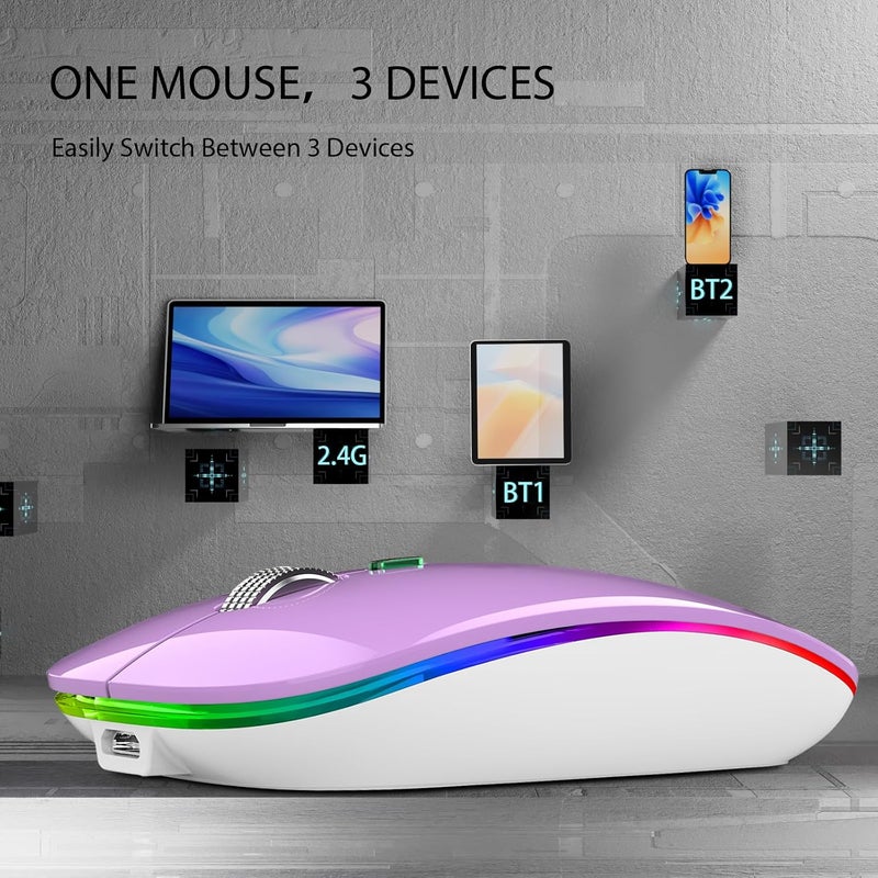 TENMOS Wireless Bluetooth Mouse, LED Slim (Bluetooth 5.1 + USB) 2.4GHz Rechargeable Silent Bluetooth Wireless Mouse with Type C Adapter for Laptop/MacBook/iPad OS 13 and Above (Purple) - Image 3