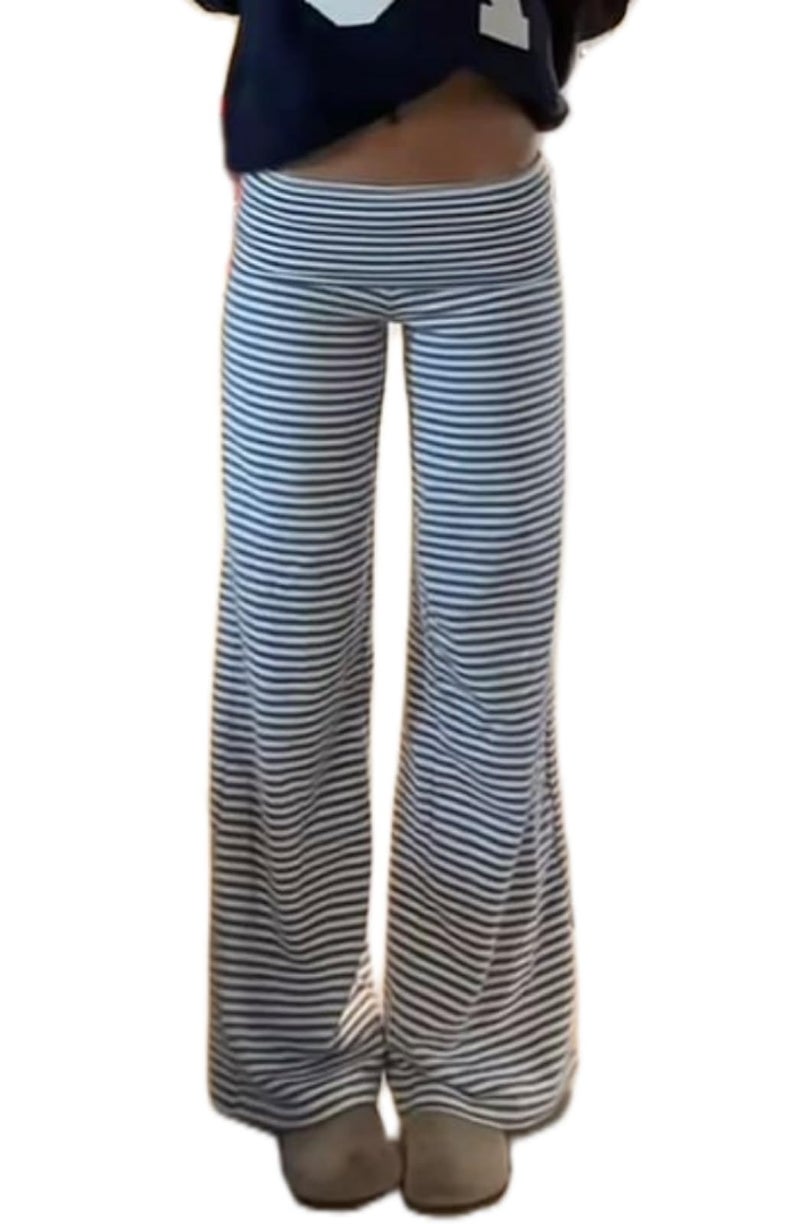 Argeousgor Women Yoga Fold Over Pants Flare Leggings Sweatpants Lounge Low Rise Workout Athletic Stretch Straight Leg Trousers (b Striped Blue, S) - Image 1