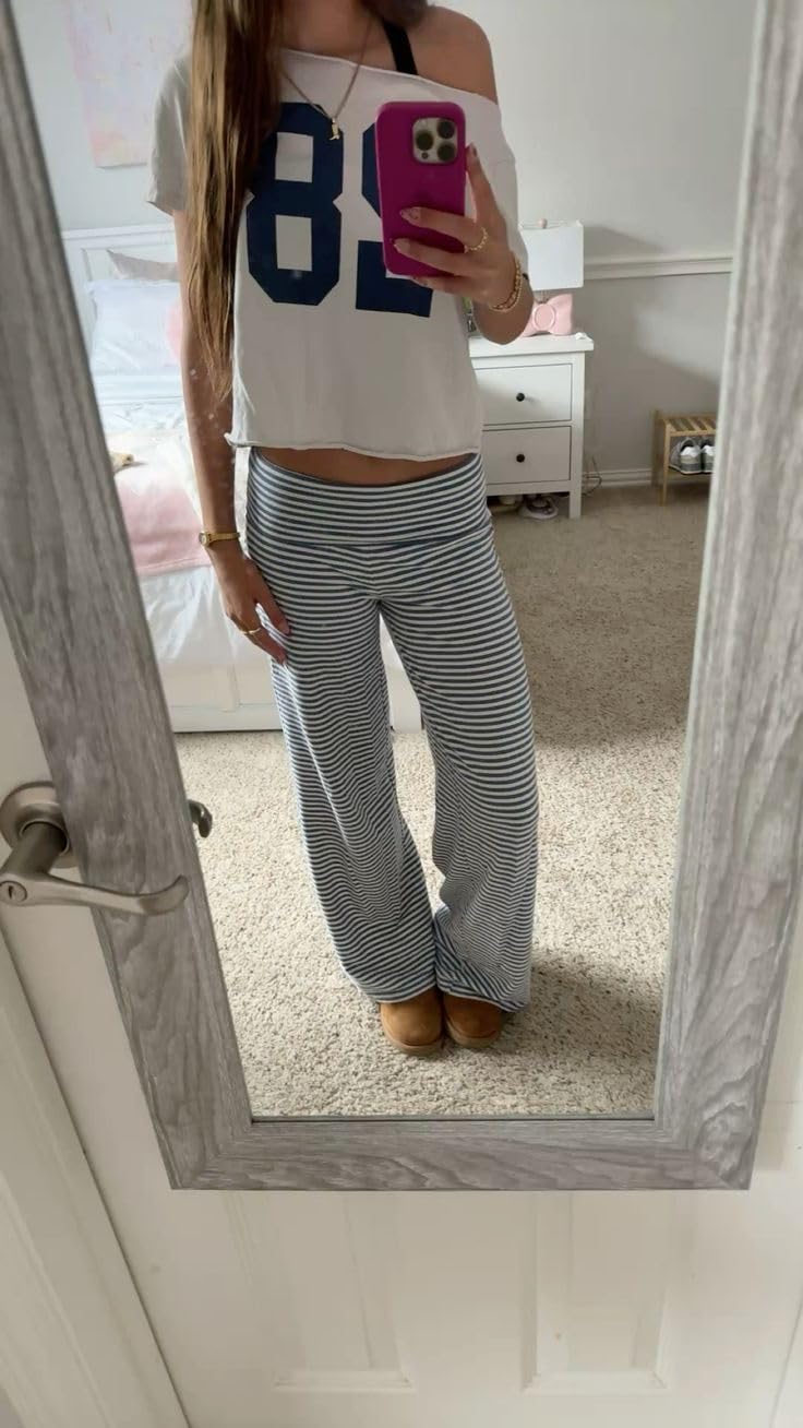 Argeousgor Women Yoga Fold Over Pants Flare Leggings Sweatpants Lounge Low Rise Workout Athletic Stretch Straight Leg Trousers (b Striped Blue, S) - Image 2