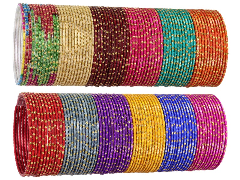 NMII Colourful Metal Bangles Set with Golden Polka Dots & Cutting Design For Women & Girls | Women's Bangles Combo | Traditional Design Golden Bangles | Chudi Set- Pack of 144, (NM_P17-Shreeji-2.9) - Image 5
