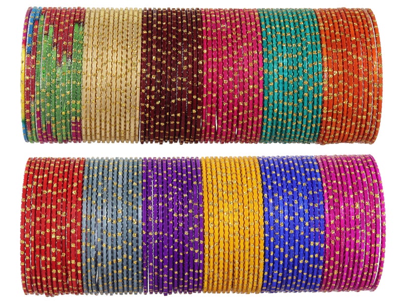 NMII Colourful Metal Bangles Set with Golden Polka Dots & Cutting Design For Women & Girls | Women's Bangles Combo | Traditional Design Golden Bangles | Chudi Set- Pack of 144, (NM_P17-Shreeji-2.9) - Image 1