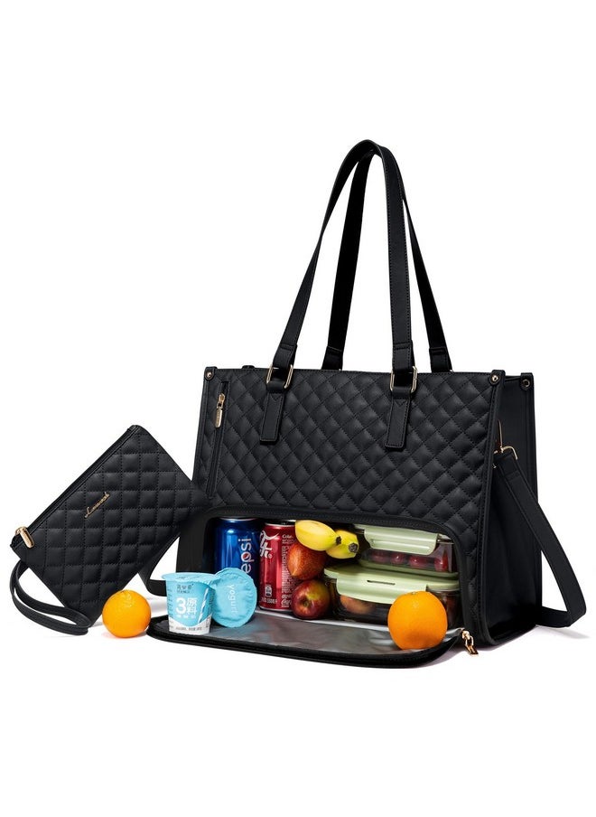 Lovevook LOVEVOOK Lunch Tote Bag for Women, 15.6 Inch Laptop Bag with Insulated Lunch Compartment, Quilted Large Capacity Computer Handbag with Purse for Business, Work, Nurse, Office, Collage, Casual, Black  - Image 1