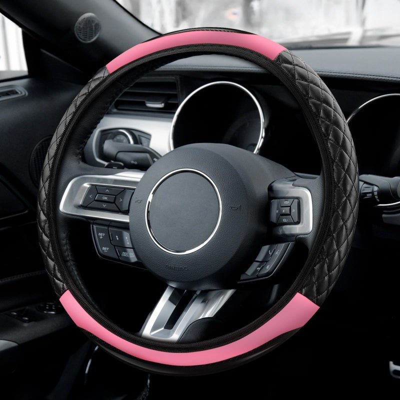 Wogomz Car Steering Wheel Cover Leather Steering Wheel Covers Protector Comfortable Breathable Cars Wheel Cover Fits 15 Inch Universal Interior Car Accessories for Most Vehicles Pink - Image 3