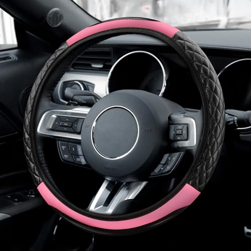 Wogomz Car Steering Wheel Cover Leather Steering Wheel Covers Protector Comfortable Breathable Cars Wheel Cover Fits 15 Inch Universal Interior Car Accessories for Most Vehicles Pink - Image 1
