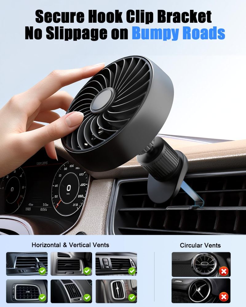 Car Vent Fan 4.7-Inch Black Brushless Motor Clip Fan - 3-Speed Quiet 360 Rotation Car Cooling Fan for Drivers Commuters Road Trips - Image 3