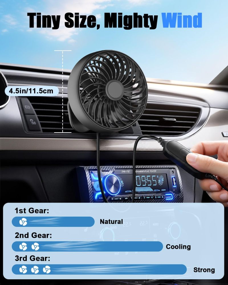 Car Vent Fan 4.7-Inch Black Brushless Motor Clip Fan - 3-Speed Quiet 360 Rotation Car Cooling Fan for Drivers Commuters Road Trips - Image 4