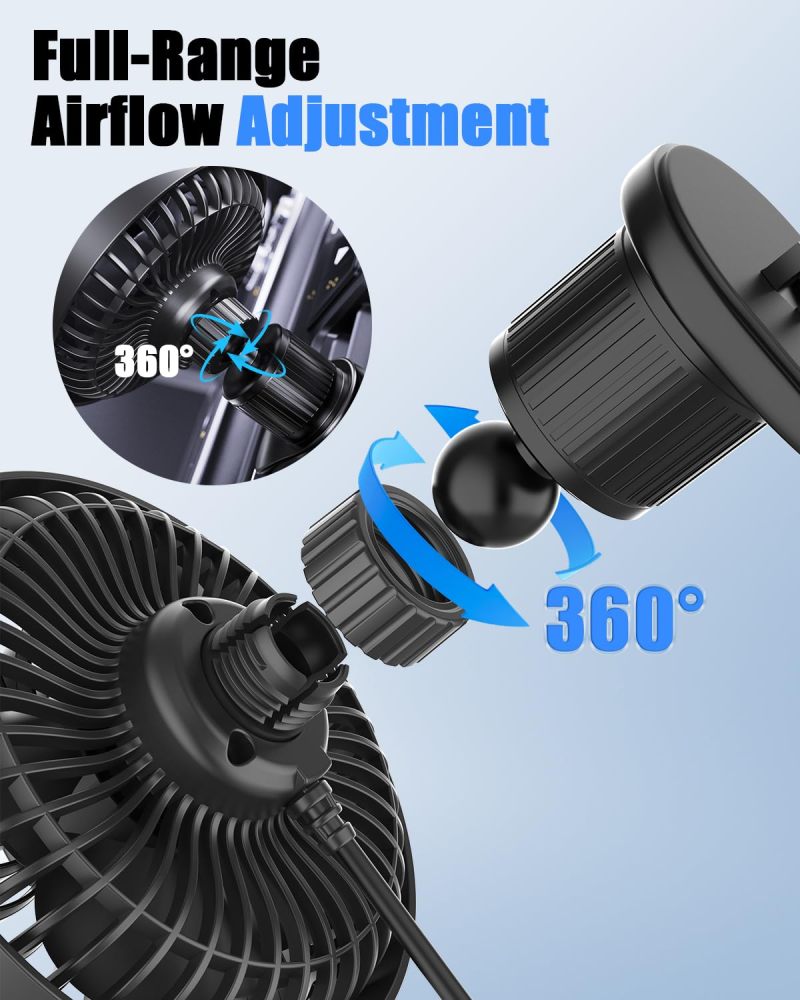 Car Vent Fan 4.7-Inch Black Brushless Motor Clip Fan - 3-Speed Quiet 360 Rotation Car Cooling Fan for Drivers Commuters Road Trips - Image 5