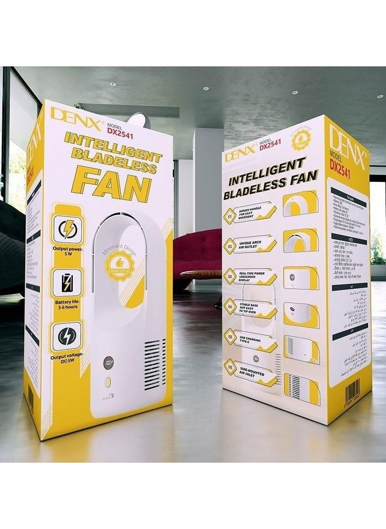 مروحة DENX الذكية بدون شفرات مع شاشة LED، مروحة برج بدون شفرات مع 6 إعدادات للسرعة، قابلة لإعادة الشحن عبر USB Type-C، بطارية 1800 مللي أمبير/ساعة، مروحة مكتب شخصية محمولة للمنزل والمكتب والسفر، لون أبيض DX2541