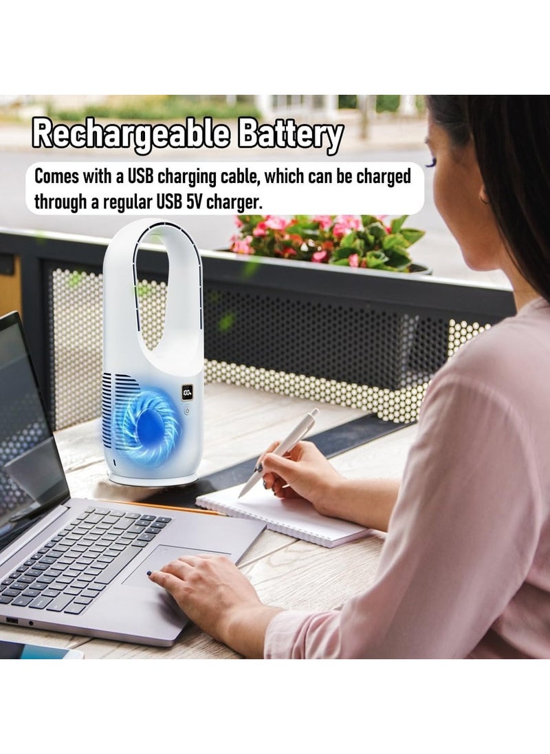 مروحة DENX الذكية بدون شفرات مع شاشة LED، مروحة برج بدون شفرات مع 6 إعدادات للسرعة، قابلة لإعادة الشحن عبر USB Type-C، بطارية 1800 مللي أمبير/ساعة، مروحة مكتب شخصية محمولة للمنزل والمكتب والسفر، لون أبيض DX2541