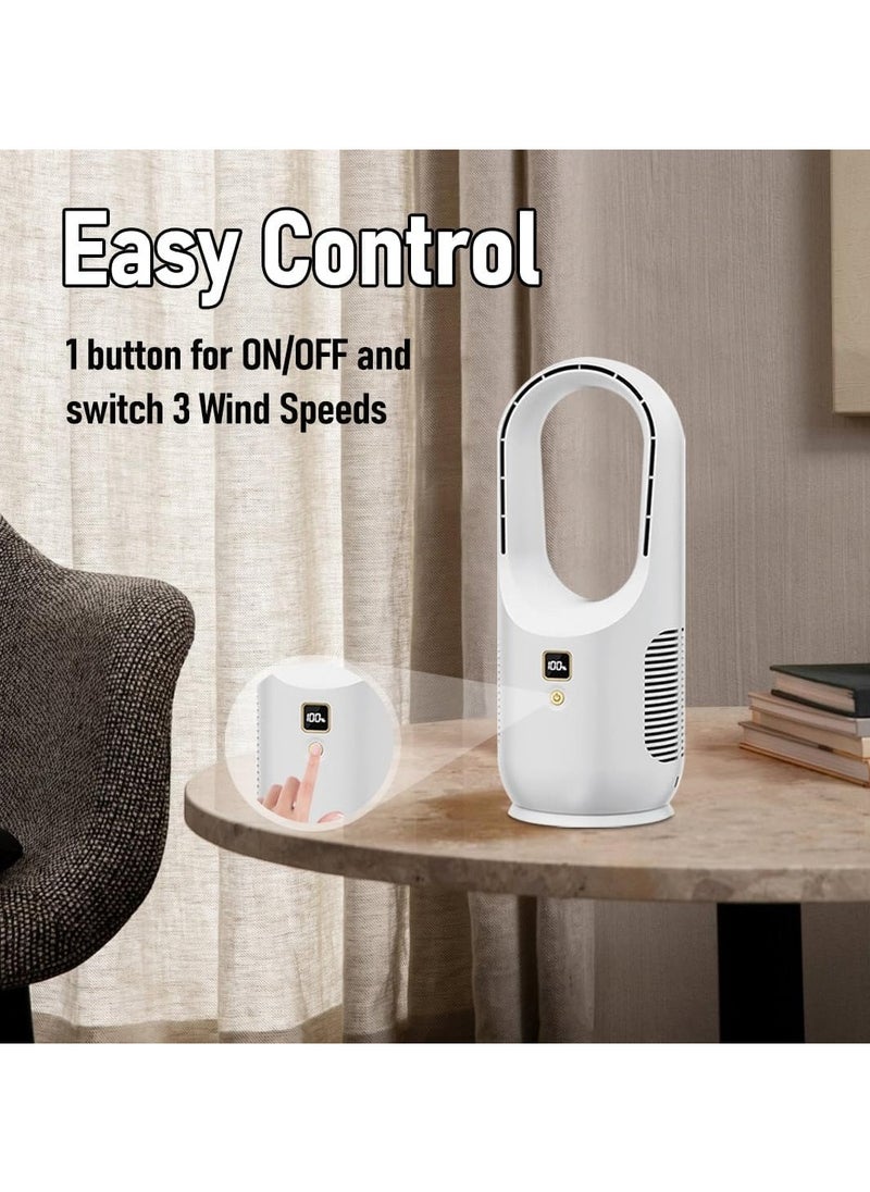 مروحة DENX الذكية بدون شفرات مع شاشة LED، مروحة برج بدون شفرات مع 6 إعدادات للسرعة، قابلة لإعادة الشحن عبر USB Type-C، بطارية 1800 مللي أمبير/ساعة، مروحة مكتب شخصية محمولة للمنزل والمكتب والسفر، لون أبيض DX2541