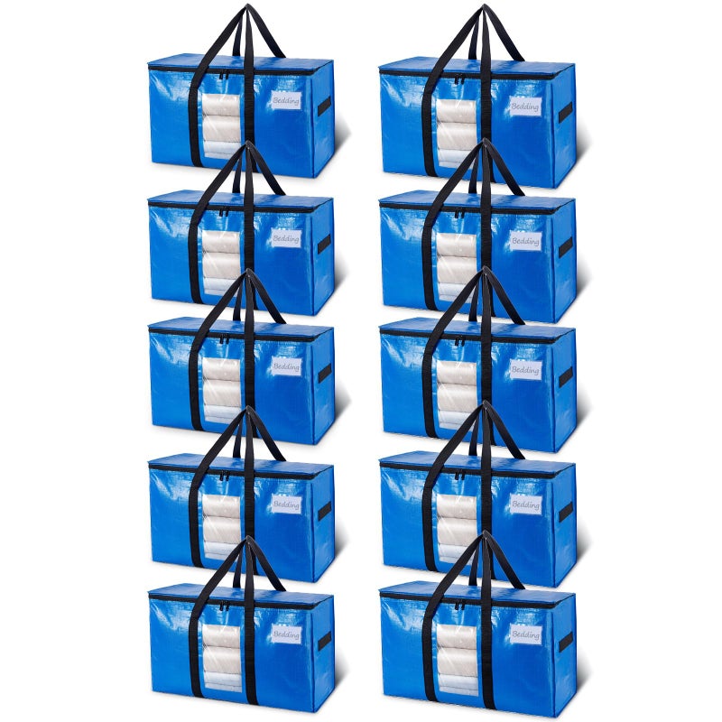 TAILI Extra Large Moving Bags 10 Pack Blue Heavy Duty Totes For Storage with Visible Window Wrap Around Handles Storage Bags for Space Saving Alternative to Moving Boxes