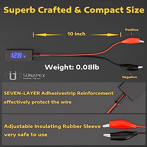 SUNAPEX Digital Battery Voltage Tester - Battery Voltmeter with LCD Display and Alligator Clips - 6V 12V 24V 48V Battery Checker for Golf Cart Motorcycle RV Marine Car & Off-Grid Solar Batteries - Image 5
