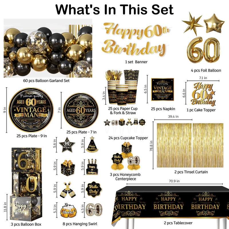 Cocomigo 266pcs 60th Birthday Decorations for Men, Worry-free One-stop Set for 25 People, Includes Thickened Plates Cake Topper and Curtains, Happy 60th Birthday Decorations in the Same Style - Image 2