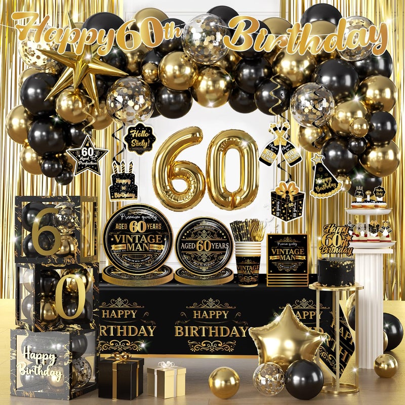 Cocomigo 266pcs 60th Birthday Decorations for Men, Worry-free One-stop Set for 25 People, Includes Thickened Plates Cake Topper and Curtains, Happy 60th Birthday Decorations in the Same Style - Image 1