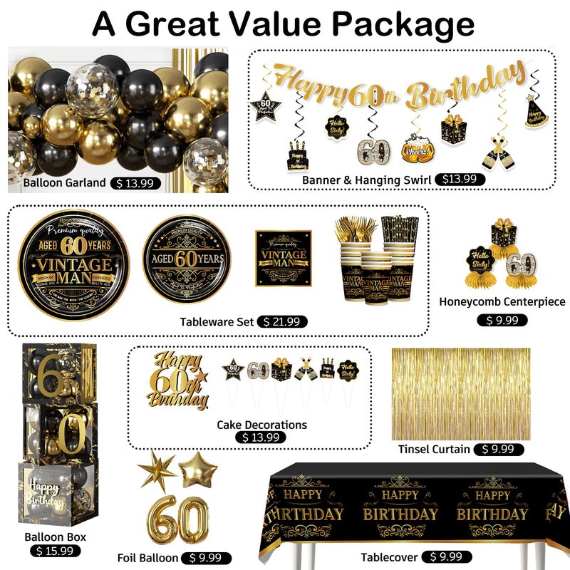 Cocomigo 266pcs 60th Birthday Decorations for Men, Worry-free One-stop Set for 25 People, Includes Thickened Plates Cake Topper and Curtains, Happy 60th Birthday Decorations in the Same Style - Image 3