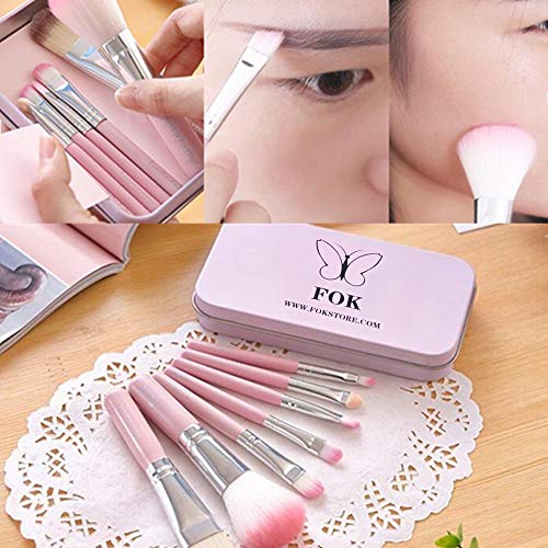 FOK Complete Makeup Mini Brush Kit Eye/Lips/Face with a Storage Box (Pink) - Set of 7pc - Image 4