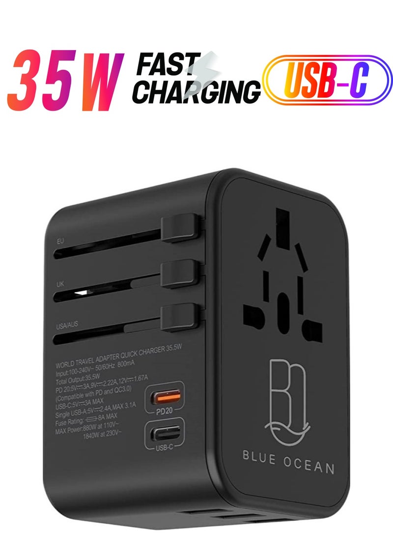 بلو أوشن محول السفر BLUE OCEAN 35.5W سريع الشحن مع 3 منافذ USB - 1 النوع C 3.0A - 1 PD 20W / QC 3.0 محول السفر العالمي ، محول واحد للهواتف ، مقابس مقبس الطاقة UK Eu Us Au Switch مع الحقيبة - Image 1