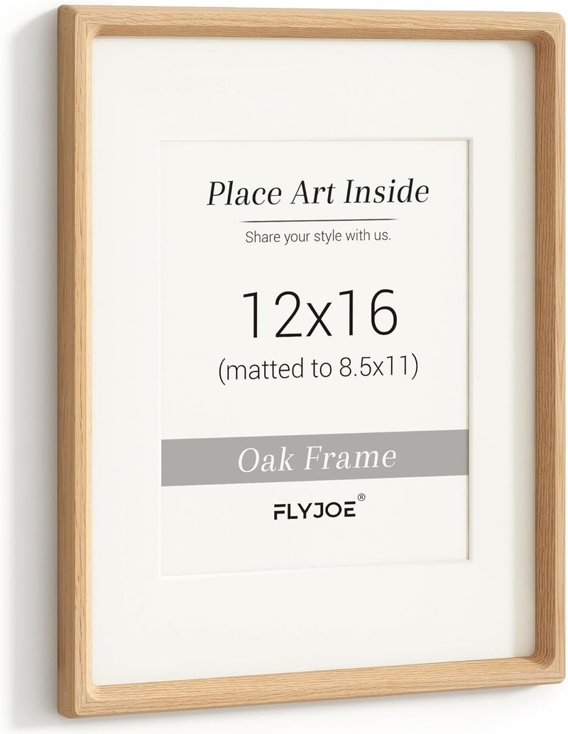 FLYJOE 12x16 Picture Frame, USA-Sourced Natural Oak Wood Photo Frame with Tempered Glass, Handcrafted Rounded Corner 12 x 16 Wooden Frame Matted to 8.5x11 Photos, Horizontal or Vertical Wall Mounting - Image 1