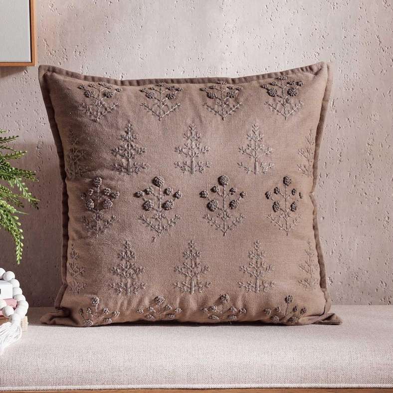 Serene Meadow Muse Hand Embroidered Down Alternative Filled Cushion 50x50cm - Brown - 123KGE9900637