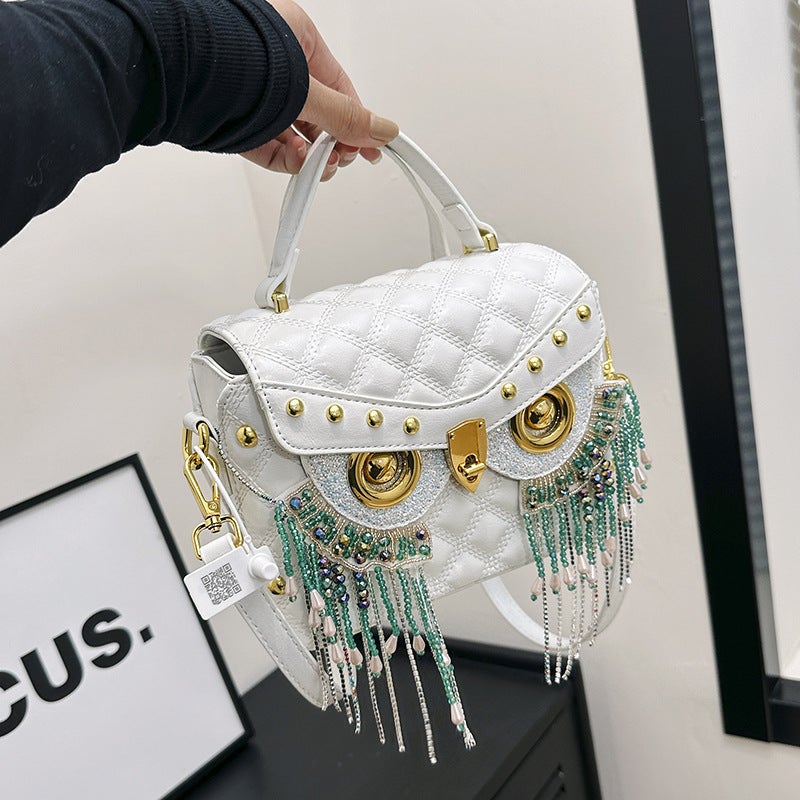 Autumn Texture Owl Tassel Casual Fashion Handbag Crystal Small Square Bag Western Style Crossbody Bag - Image 4