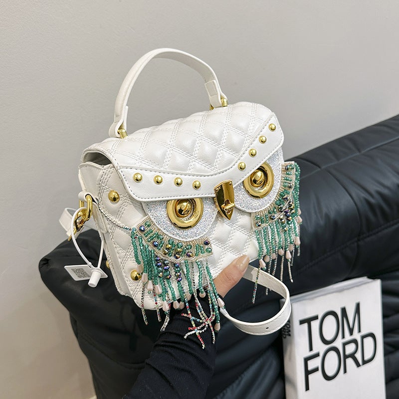 Autumn Texture Owl Tassel Casual Fashion Handbag Crystal Small Square Bag Western Style Crossbody Bag - Image 5