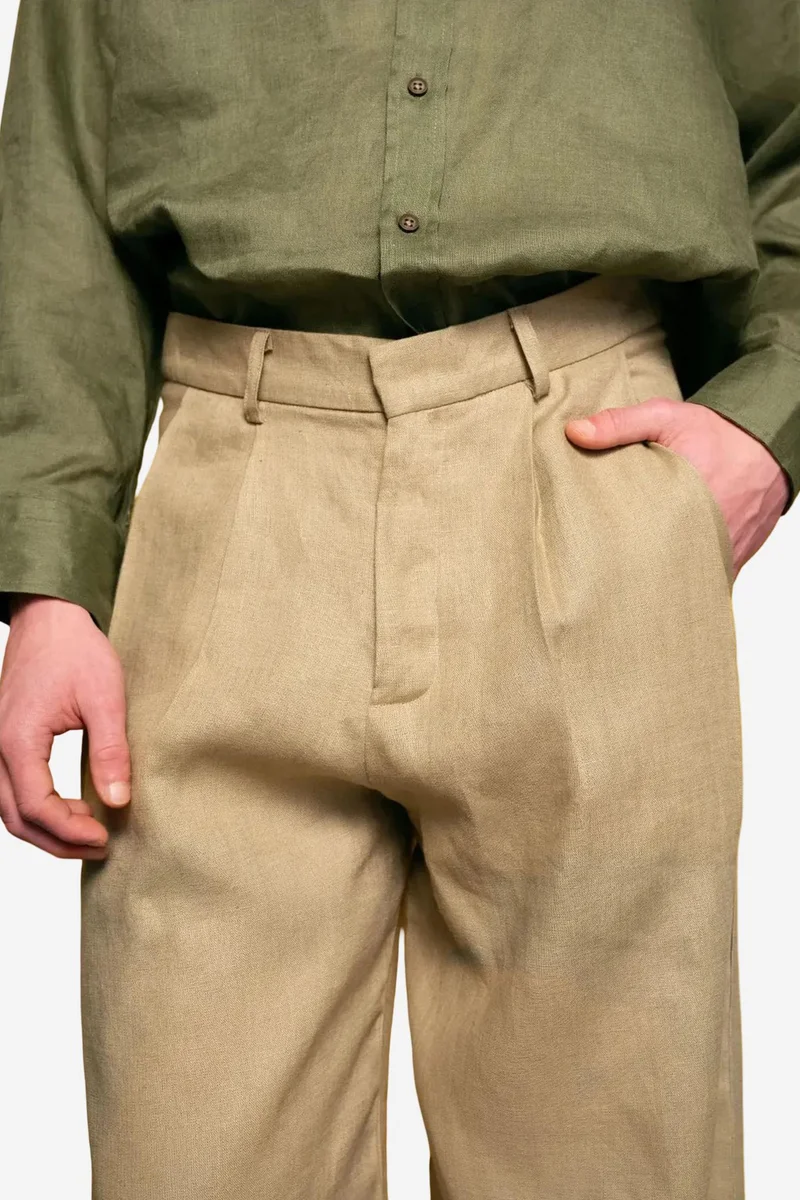 Giesto Khaki Green GIESTO Linen Pleated Straight Leg Pants for Men | Best Price UAE