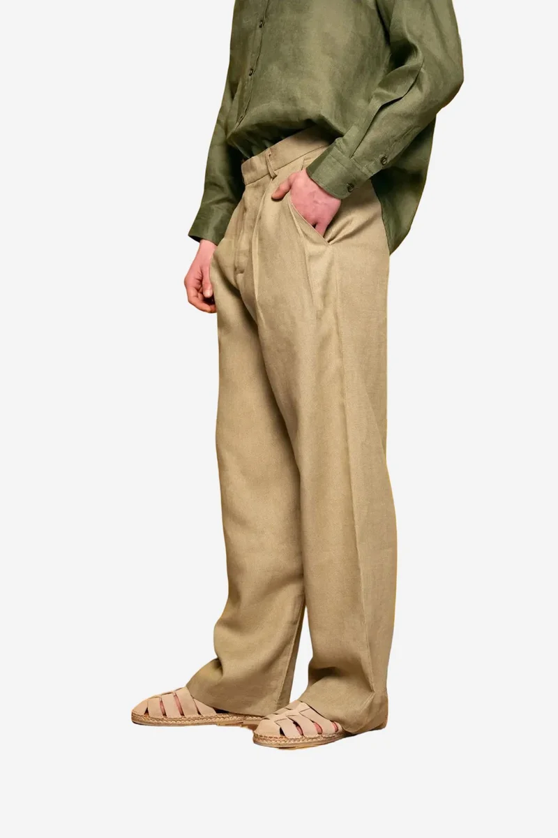 Giesto Khaki Green GIESTO Linen Pleated Straight Leg Pants for Men | Best Price UAE