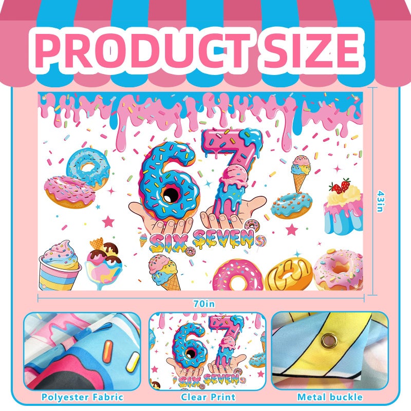 Urlax 6 7 Birthday Decorations Funny 6 7 Meme Donut Theme Happy Birthday Backdrop Blue and Pink Six Seven Party Photo Booth Background for Birthday Party Photography 6 x 3.6 ft - Image 2