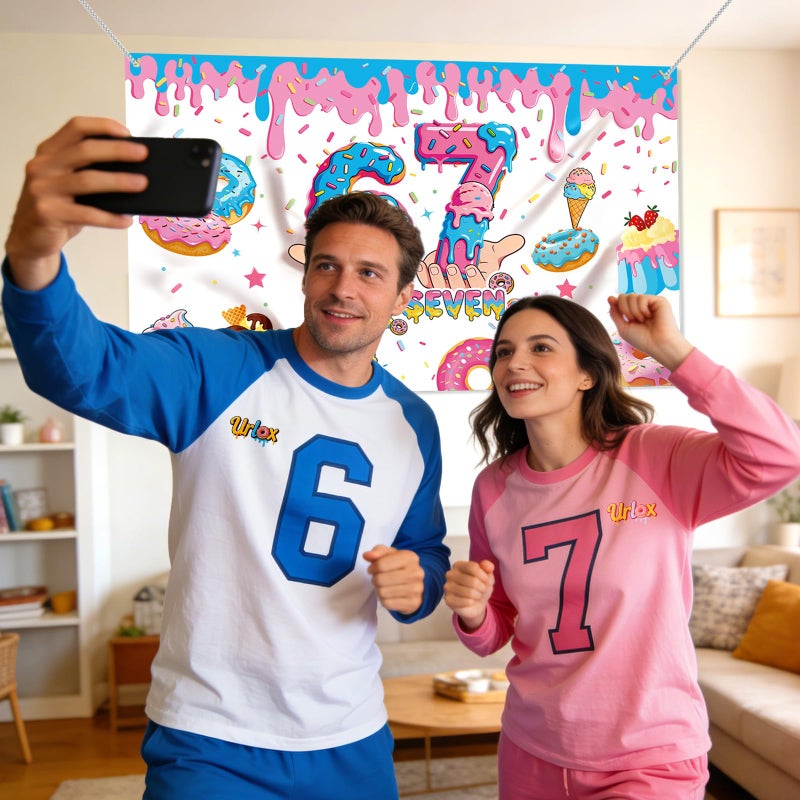 Urlax 6 7 Birthday Decorations Funny 6 7 Meme Donut Theme Happy Birthday Backdrop Blue and Pink Six Seven Party Photo Booth Background for Birthday Party Photography 6 x 3.6 ft - Image 4
