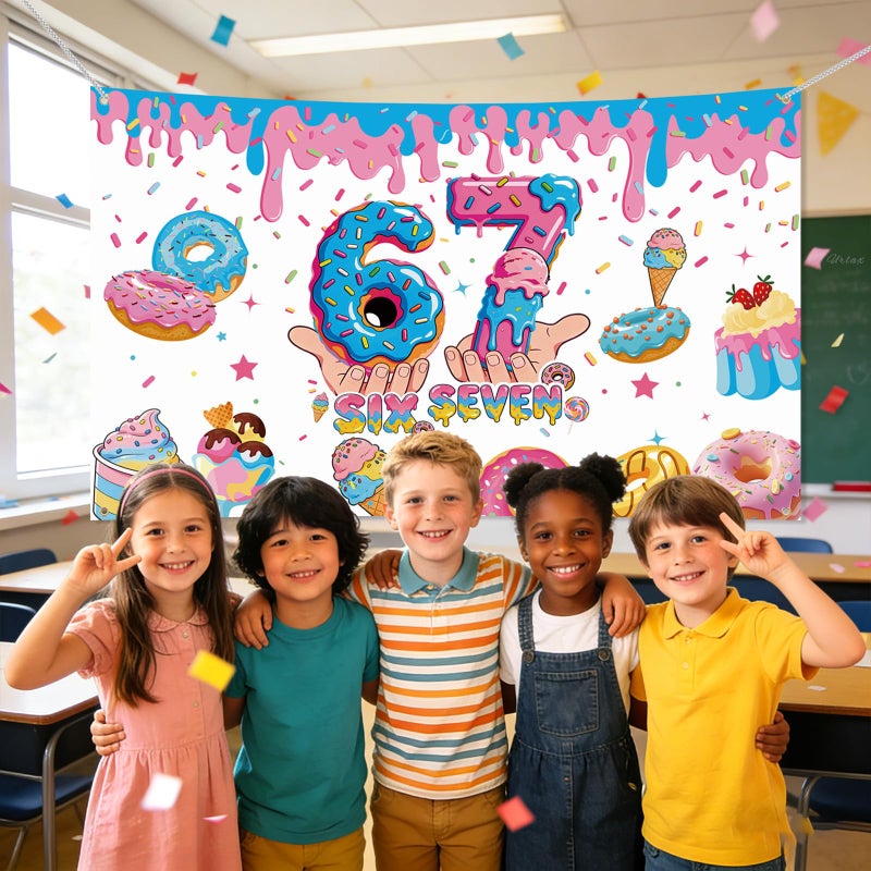 Urlax 6 7 Birthday Decorations Funny 6 7 Meme Donut Theme Happy Birthday Backdrop Blue and Pink Six Seven Party Photo Booth Background for Birthday Party Photography 6 x 3.6 ft - Image 5
