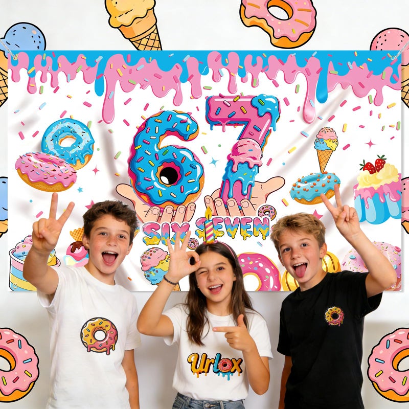 Urlax 6 7 Birthday Decorations Funny 6 7 Meme Donut Theme Happy Birthday Backdrop Blue and Pink Six Seven Party Photo Booth Background for Birthday Party Photography 6 x 3.6 ft - Image 3