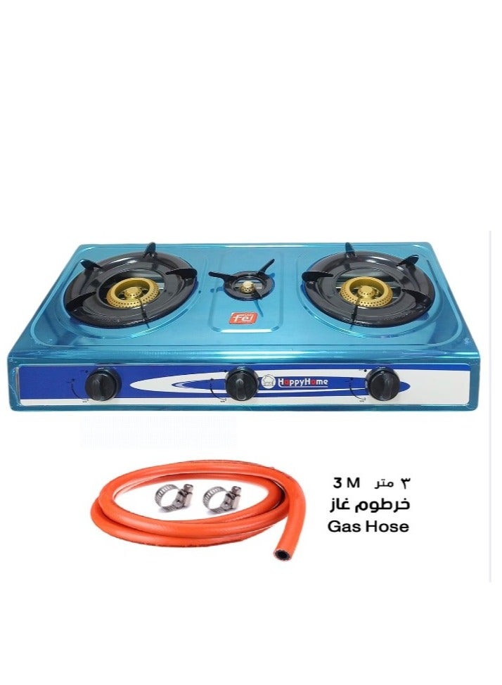 Flat Gas Stove Three Burners Heavy Stainless Steel And 3 Meter Italian Gas Hose With Connectors 