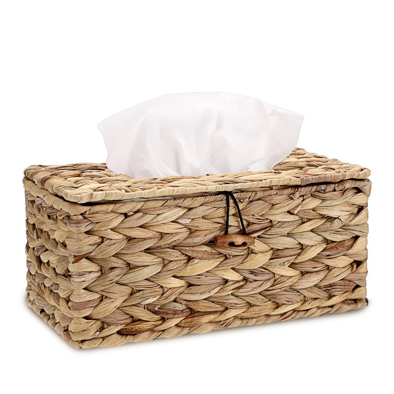 BSTKEY Rectangular Water Hyacinth Facial Tissue Box Household Woven Paper Holder Napkin Box Decorative Tissue Paper Storage Organizer with Lid