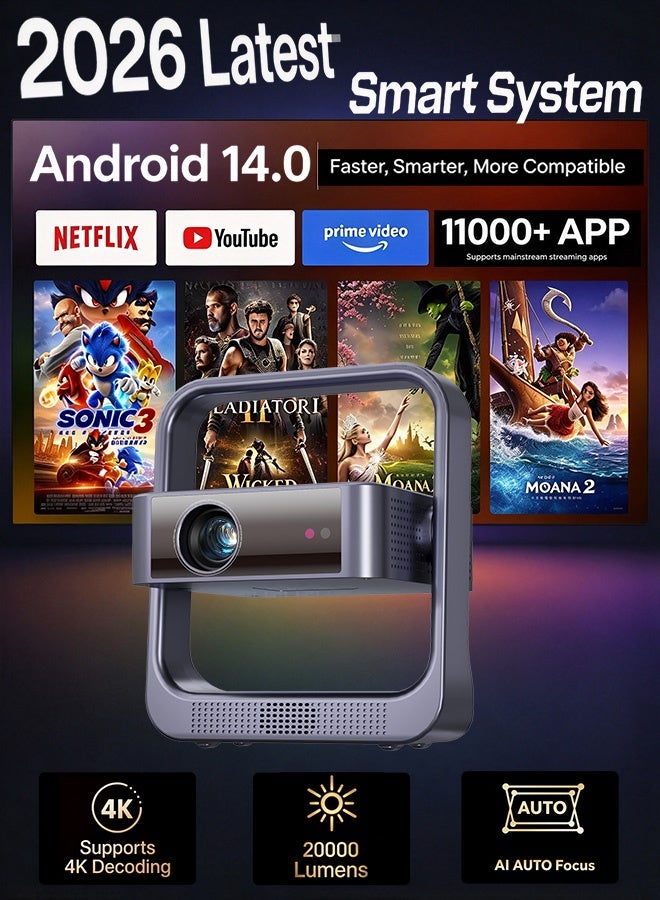 OicGlye Smart Mini Projector Android 14 TV OS with WiFi, Auto Focus & Keystone Portable Outdoor Proyector, 4K Support Home Movie Projector with 270° Stand - Image 1
