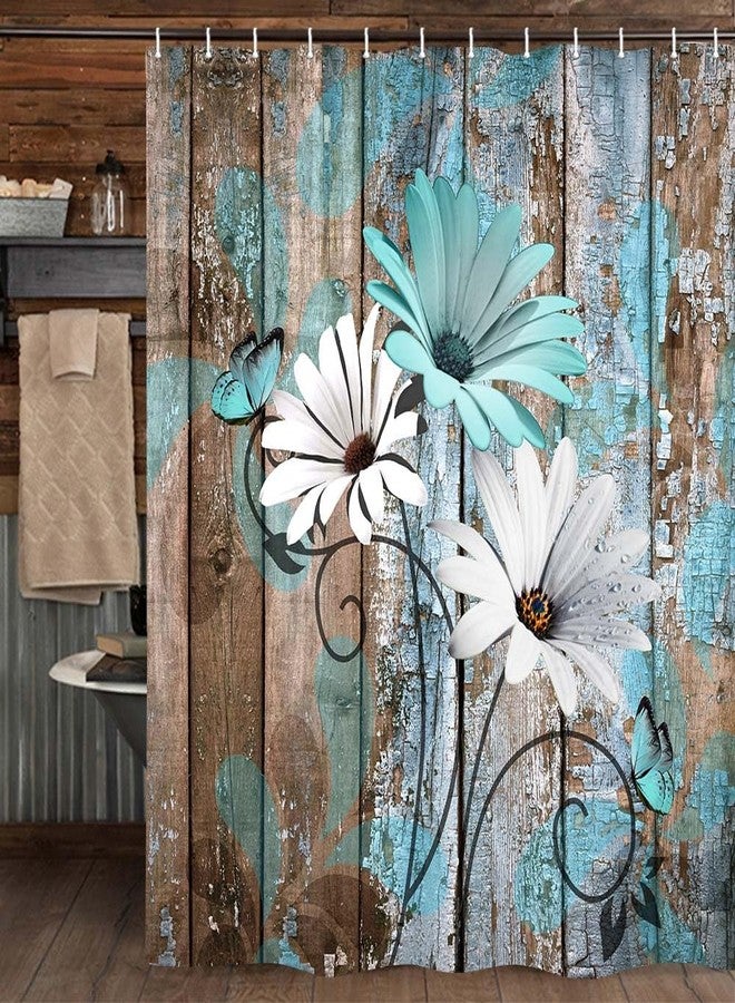 JAWO Farmhouse Flower Floral Shower Curtain, Rustic Teal Turquoise Daisy Shower Curtain Set, Country Blue Wild Garden Plant Fabric Shower Curtain with Hooks, Surreal Bathroom Curtain, 69x70inch - Image 2