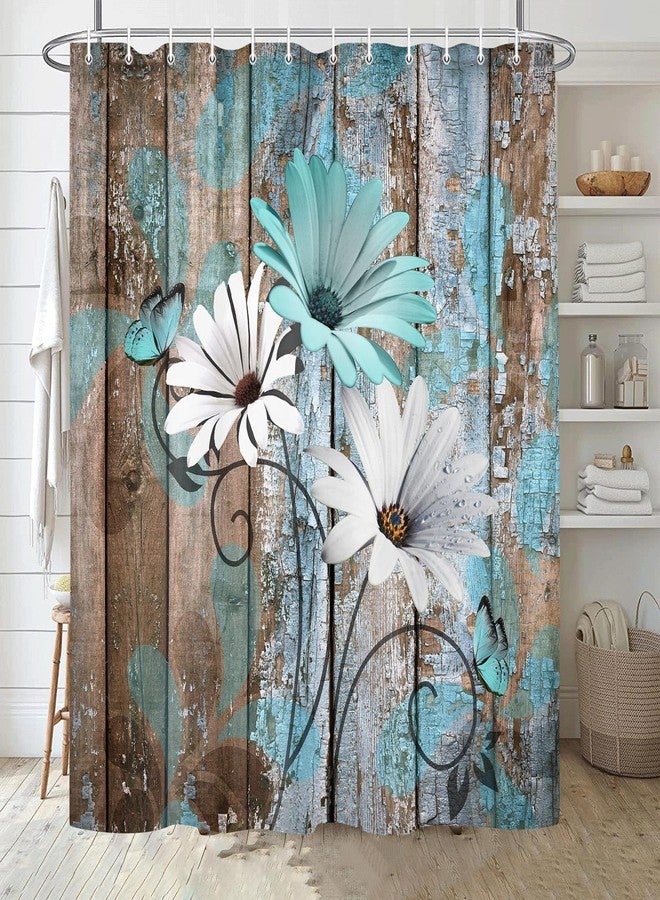 JAWO Farmhouse Flower Floral Shower Curtain, Rustic Teal Turquoise Daisy Shower Curtain Set, Country Blue Wild Garden Plant Fabric Shower Curtain with Hooks, Surreal Bathroom Curtain, 69x70inch - Image 5