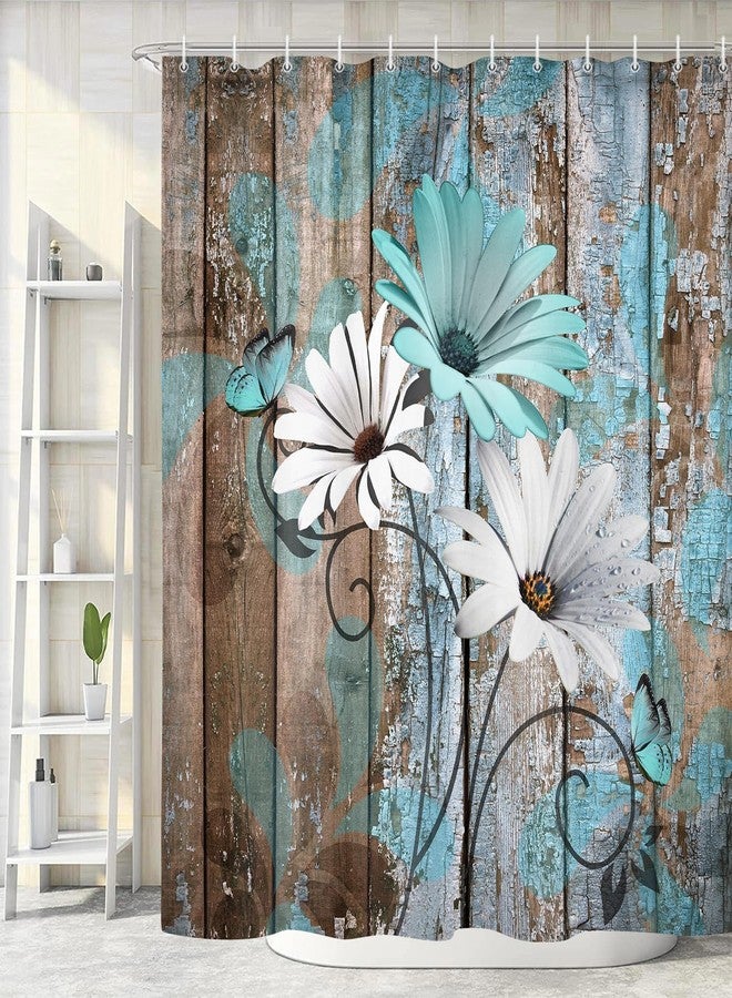 JAWO Farmhouse Flower Floral Shower Curtain, Rustic Teal Turquoise Daisy Shower Curtain Set, Country Blue Wild Garden Plant Fabric Shower Curtain with Hooks, Surreal Bathroom Curtain, 69x70inch - Image 3
