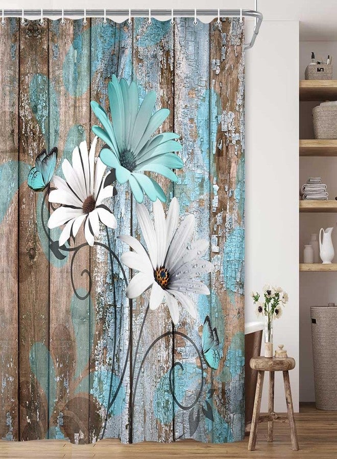 JAWO Farmhouse Flower Floral Shower Curtain, Rustic Teal Turquoise Daisy Shower Curtain Set, Country Blue Wild Garden Plant Fabric Shower Curtain with Hooks, Surreal Bathroom Curtain, 69x70inch - Image 1