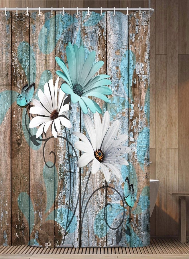 JAWO Farmhouse Flower Floral Shower Curtain, Rustic Teal Turquoise Daisy Shower Curtain Set, Country Blue Wild Garden Plant Fabric Shower Curtain with Hooks, Surreal Bathroom Curtain, 69x70inch - Image 4