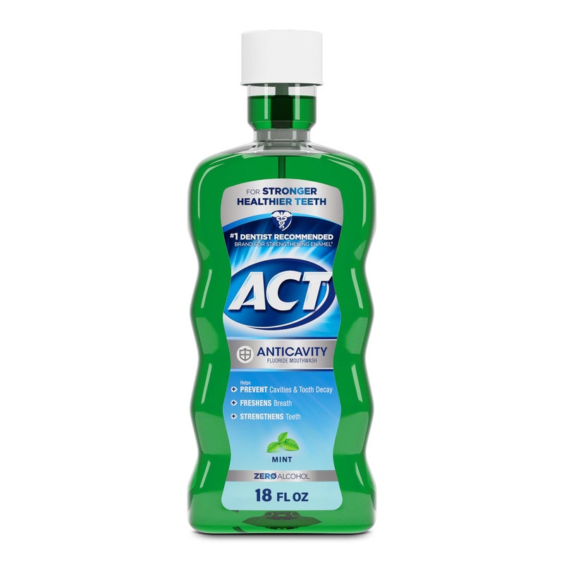 ACT Anticavity Zero Alcohol Fluoride Mouthwash 18 fl. oz., With Accurate Dosing Cup, Mint - Image 1