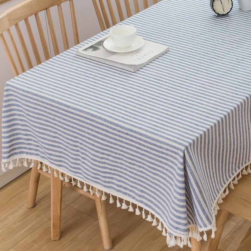 Blue and White Striped Cotton Blend Tablecloth with Tassels - 120" x 55" Rectangular - Image 1