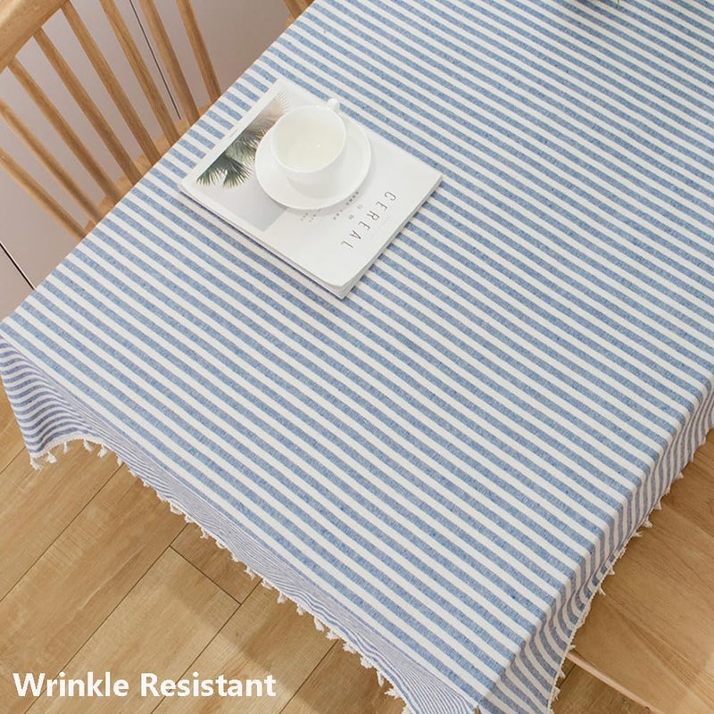 Blue and White Striped Cotton Blend Tablecloth with Tassels - 120" x 55" Rectangular - Image 3