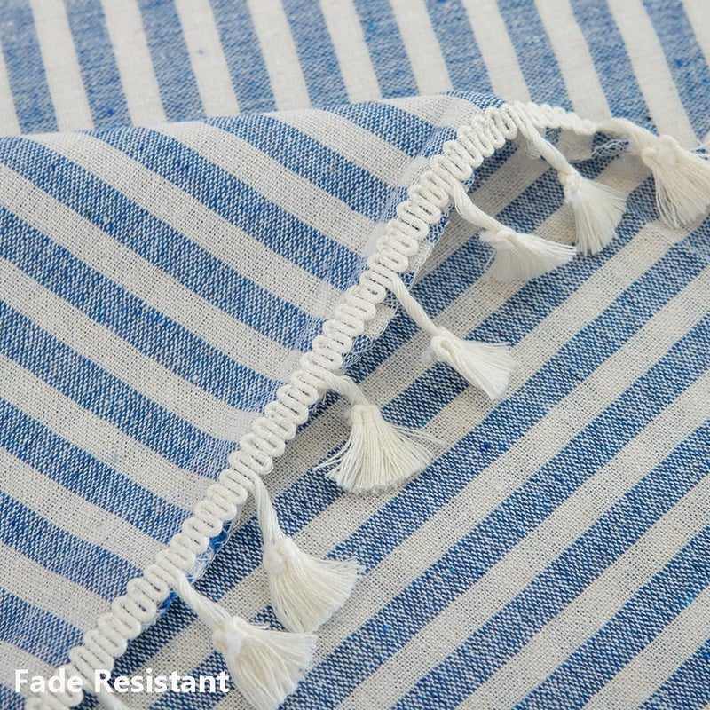 Blue and White Striped Cotton Blend Tablecloth with Tassels - 120" x 55" Rectangular - Image 5