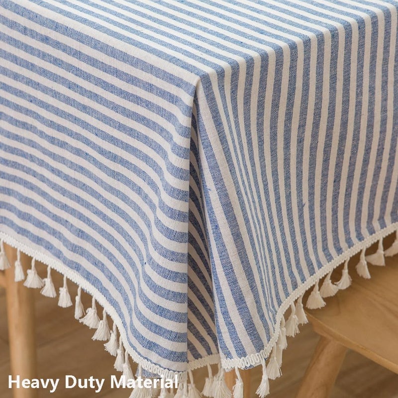 Blue and White Striped Cotton Blend Tablecloth with Tassels - 120" x 55" Rectangular - Image 2