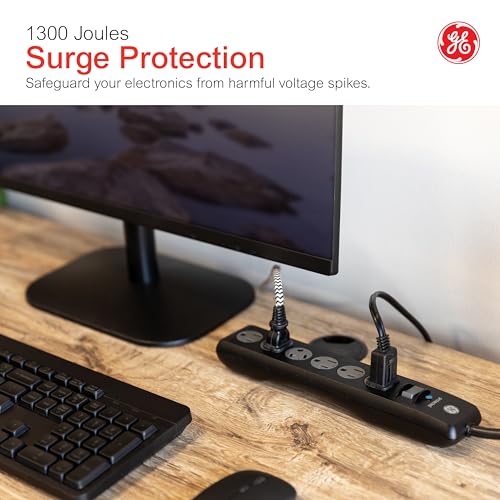 GE 6-Outlet Surge Protector, 8 Ft Extension Cord, Power Strip, 1300 Joules, Flat Plug, Twist-to-Close Safety Covers, Protected Indicator Light, ETL Listed, Black, 33662 - Image 2