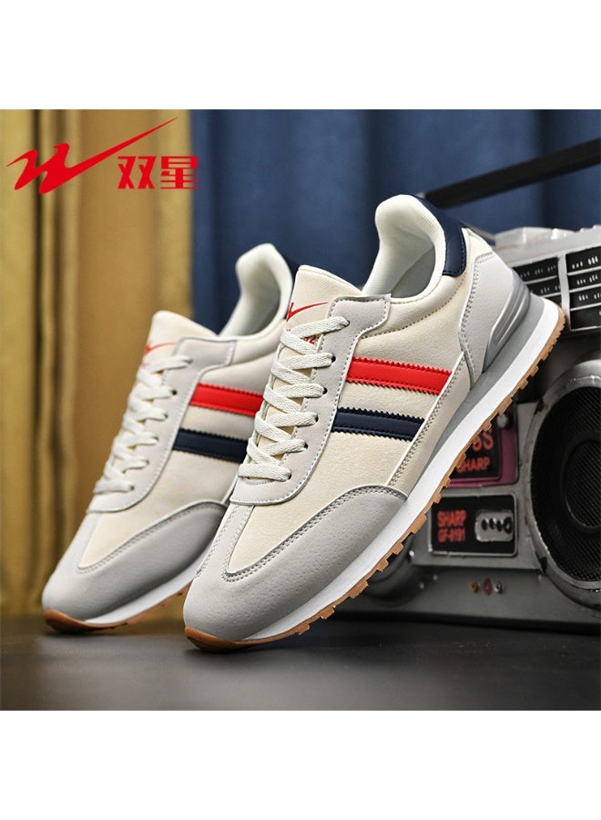 Double Star Men's Retro Running Shoes - Beige with Red & Navy Stripes, Classic Casual Sneakers for Comfort and Style