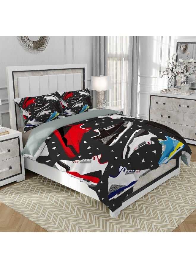 Palnokin Basketball Shoes Duvet Cover Set Twin Size, Cool Teens Sports Retro Sneaker Bedding Set 3 Pieces Soft Microfiber Quilt Cover for Kids Boys Teens Room Decor, Comforter Cover with 2 Pillowcase - Image 3