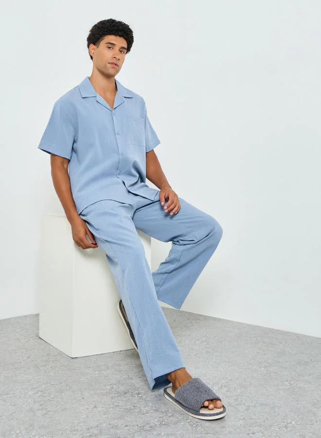 Men Blue Buttoned Shirt and Relaxed Pyjama Set